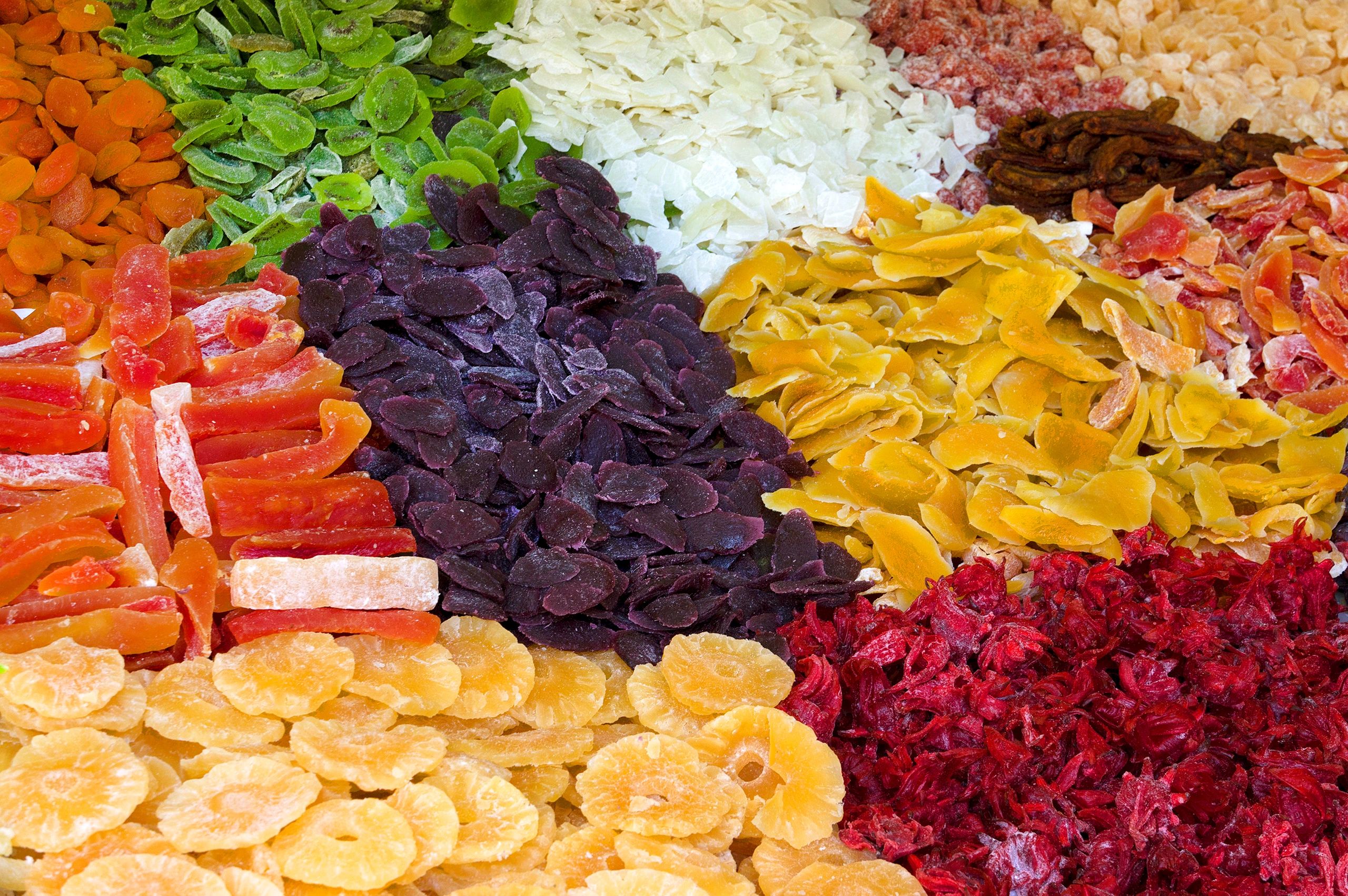 Assorted dried fruits at a market